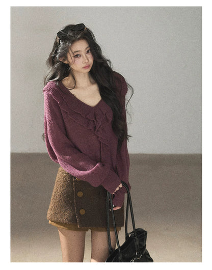 AOMALM - "A Softer Breath" Midnight Purple Ruffle V-Neck Sweater
