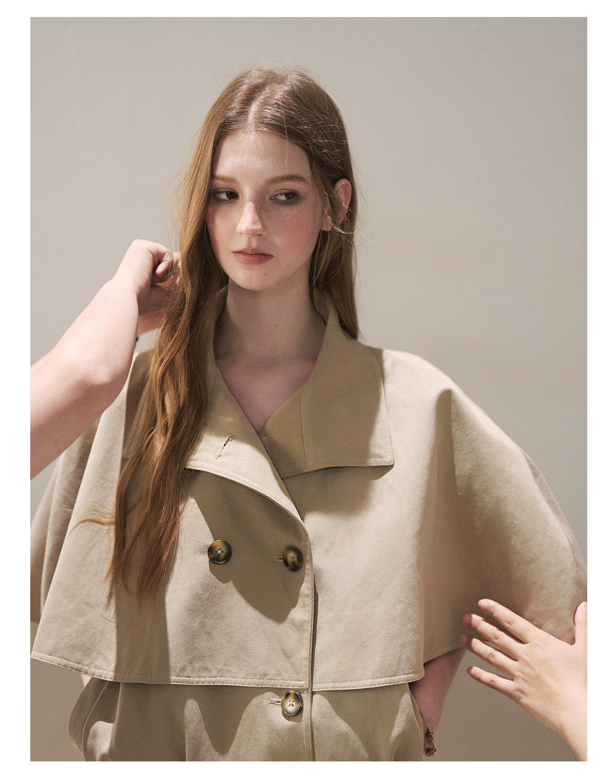 AOMALM - "Through the Oak Grove" Almond Taupe Cape Coat with Drawstring