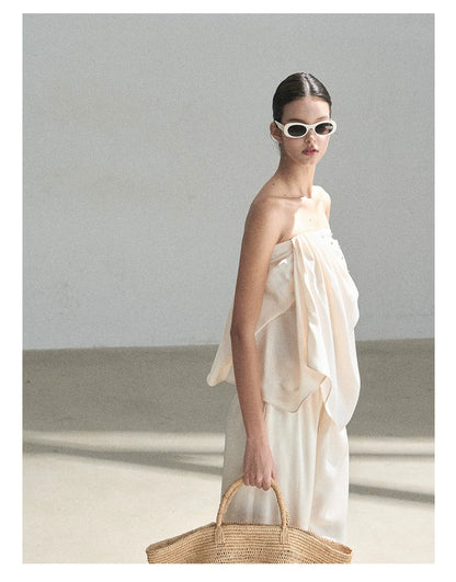 "Summer Rain at Dusk" Cream Beige Satin Two-Piece Set