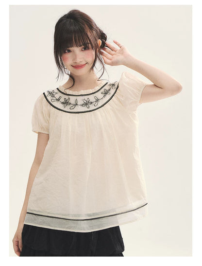 "Toasted Cookie" Yellow Flower Rope Embroidery Babydoll Top