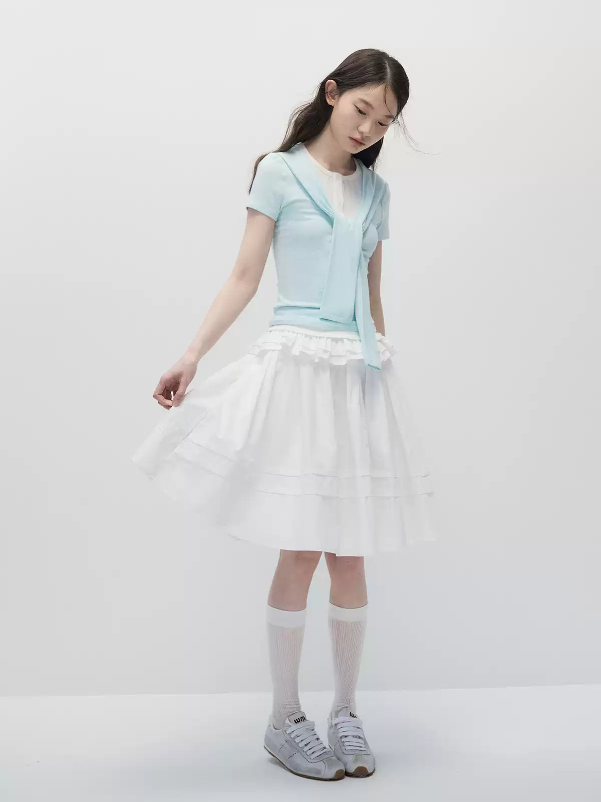 Mint Blue Faux Two-Piece Top & White A-Line Midi Skirt Set