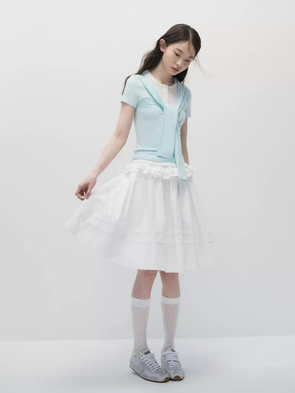 Mint Blue Faux Two-Piece Top & White A-Line Midi Skirt Set