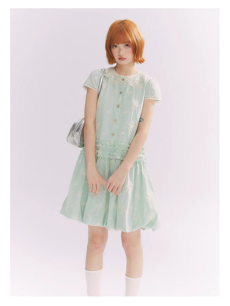 “Mint Lime” Green Stripe Lace Babydoll Dress