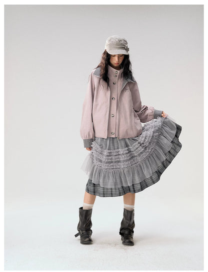 [CAN] "Lavender Plaid Notes" Dusty Purple Plaid Double Collar Cropped Jacket