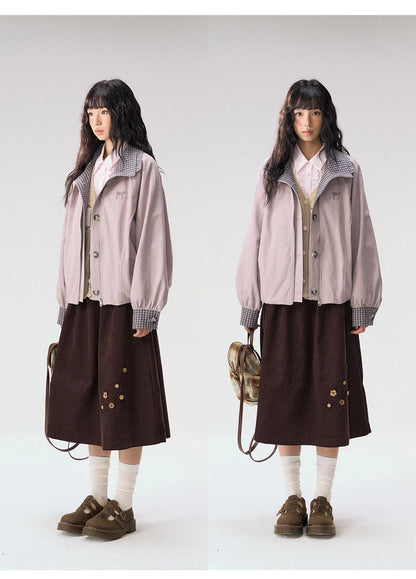 [CAN] "Lavender Plaid Notes" Dusty Purple Plaid Double Collar Cropped Jacket