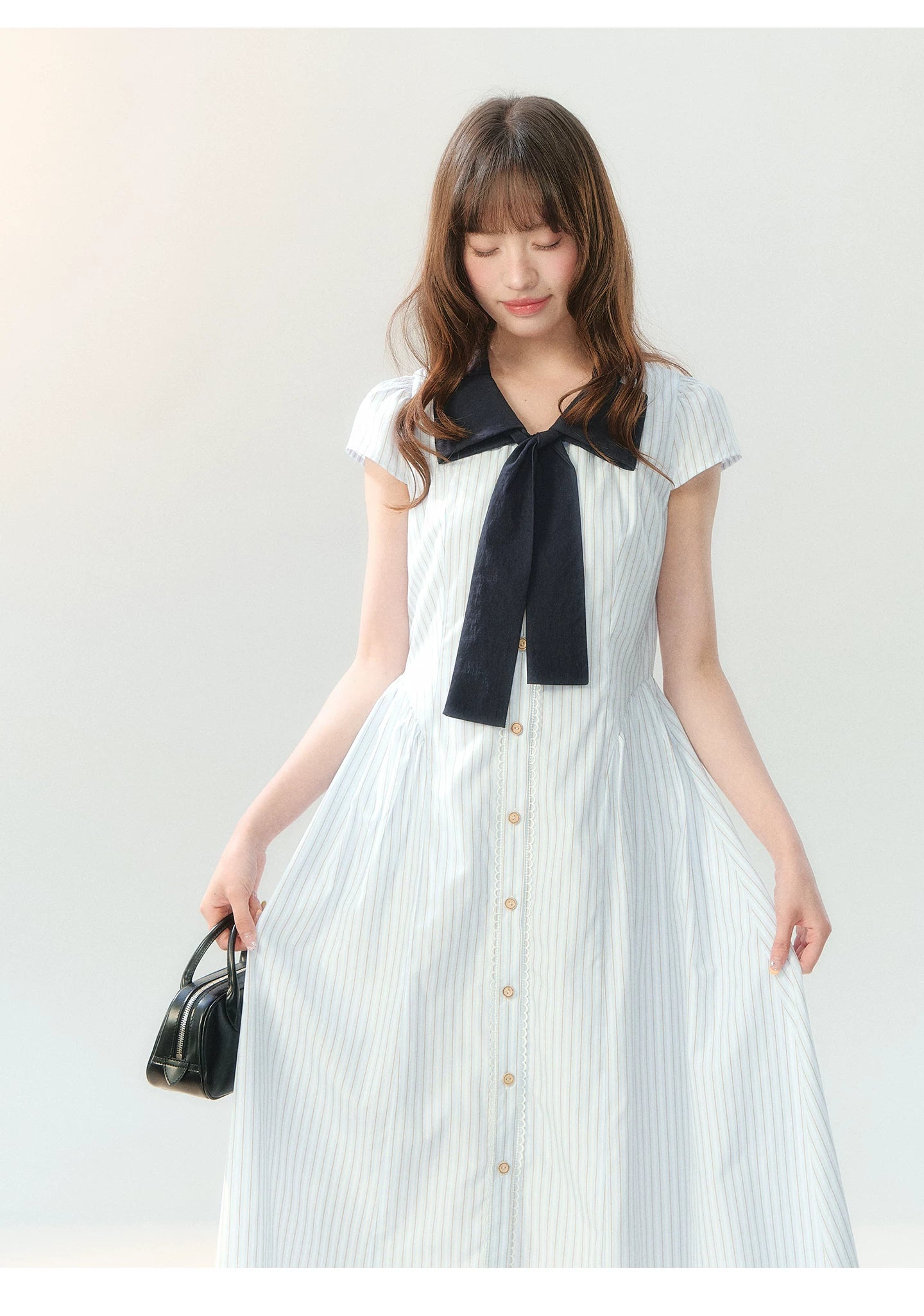"Academy Breeze Letter" White Stripe Contrast Collar Dress
