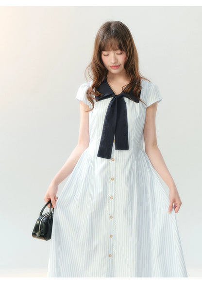 "Academy Breeze Letter" White Stripe Contrast Collar Dress