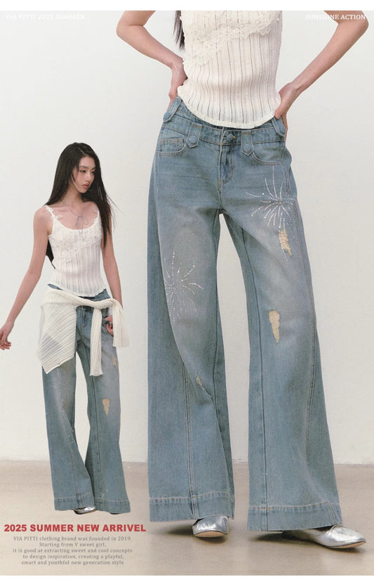 VIAPITTI - Firework Rhinestone Double-Waistband Jeans