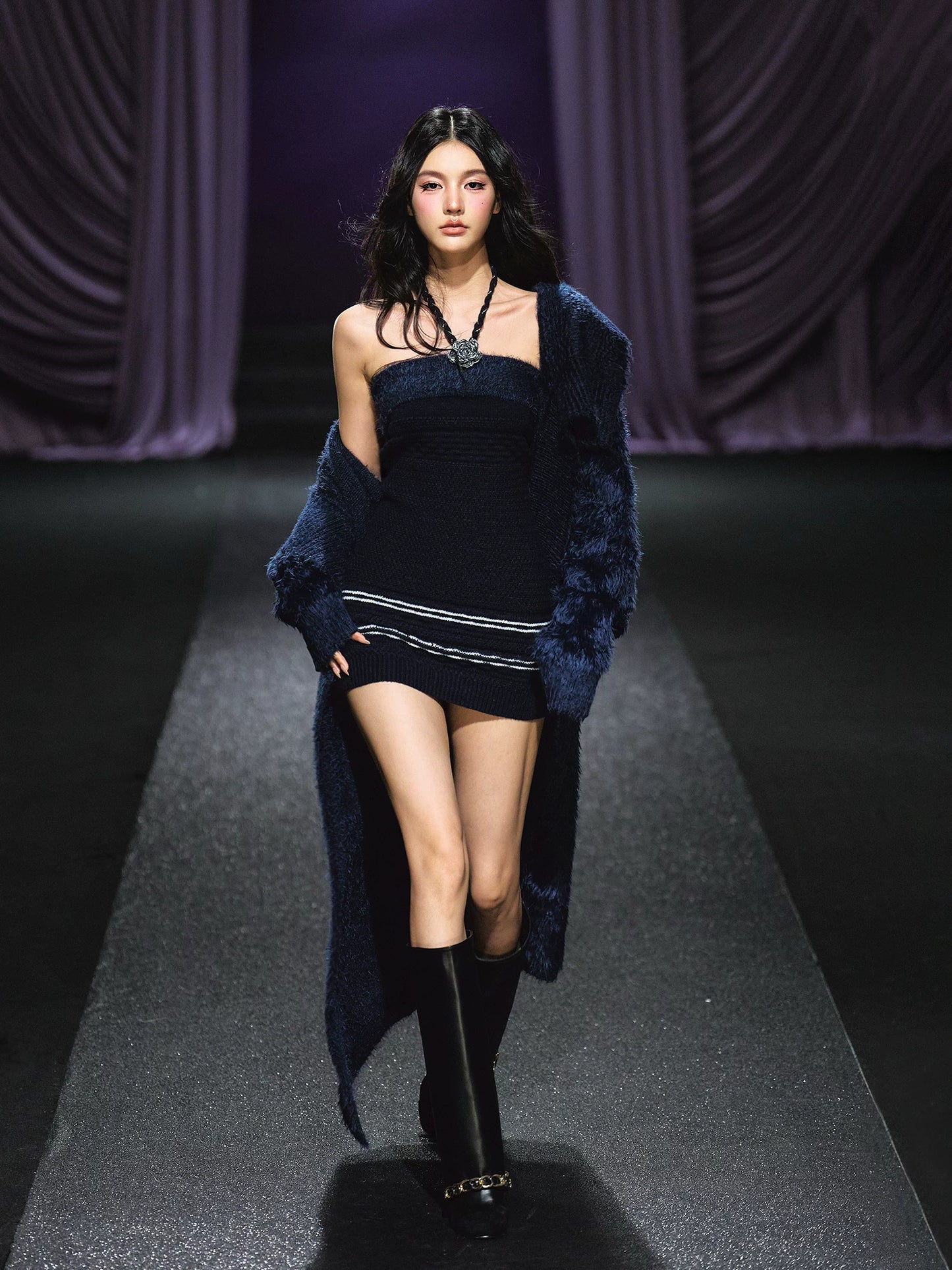 "Midnight Bloom" Navy Hand-Crochet Floral Contrast Knit Dress & Oversized Shawl Collar Knit Cardigan Set