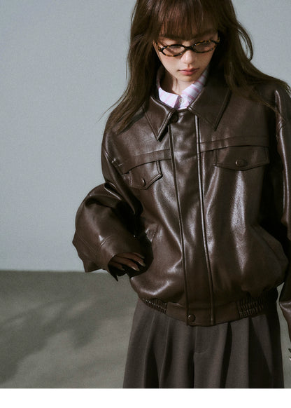 LOST FOREST - Pink-Brown Faux Leather Moto Jacket with Plaid Wool Collar