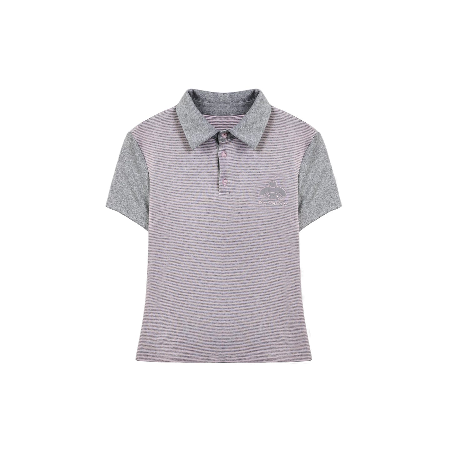 Contrast Stripe Light Gray Pink Polo Collar Short Sleeve Top / Shorts