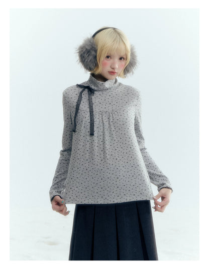 Floral Bow Lace-Tie Knit Top (Gray Floral / Light Khaki Beige)