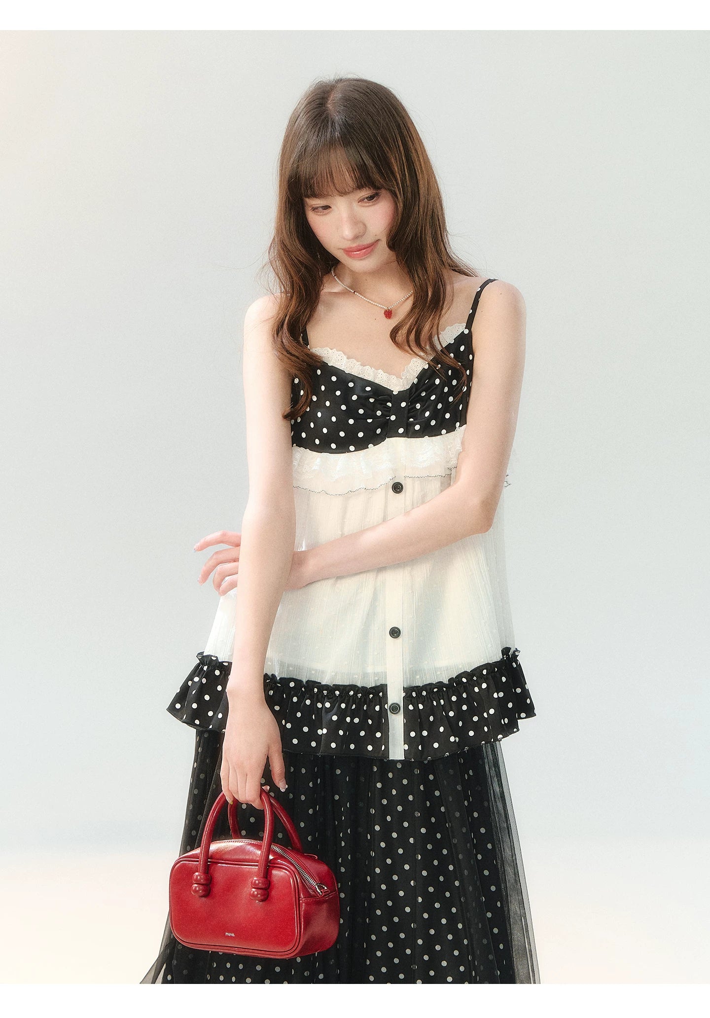 "Midnight Sweet Isle" Black Polka Dot Lace Two-Piece Skirt Set LL2026208