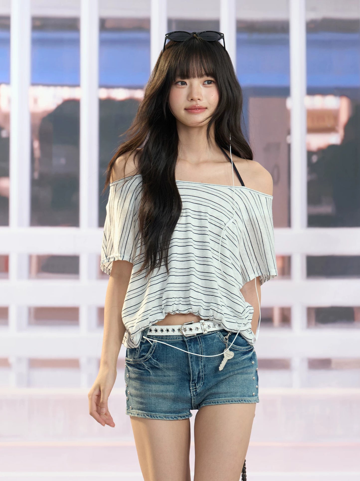 "Coastal Transit" Navy Striped Halter Off-Shoulder Top