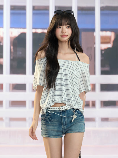 "Coastal Transit" Navy Striped Halter Off-Shoulder Top