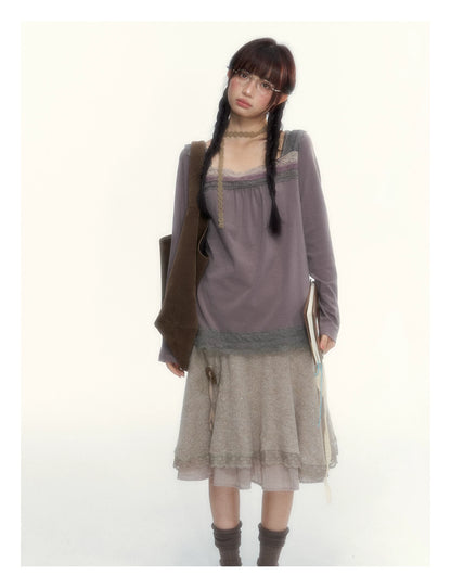 Milk Coffee Vintage Lace Knit A-Line Skirt