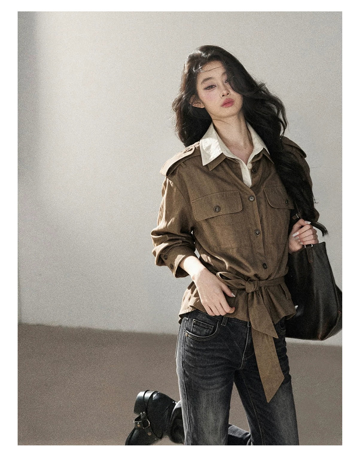 AOMALM - "The Final Chapter of an Old Dream" Roasted Pecan Brown Faux Two-Piece Linen Top with Belt