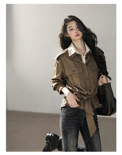 AOMALM - "The Final Chapter of an Old Dream" Roasted Pecan Brown Faux Two-Piece Linen Top with Belt
