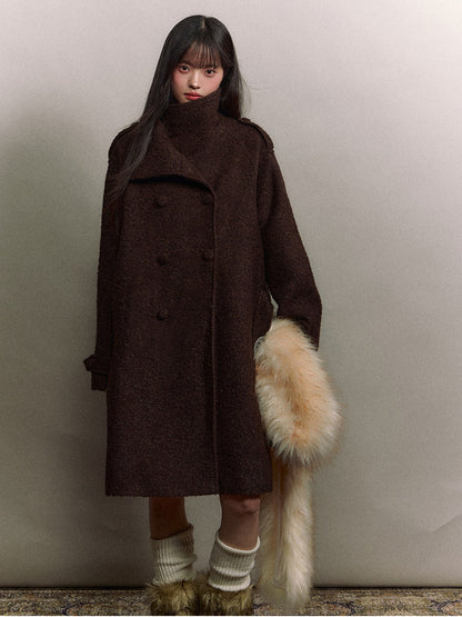 Soote Season - Deep Roast Brown Korean-Inspired Lady Collar Bouclé Long Wool Coat