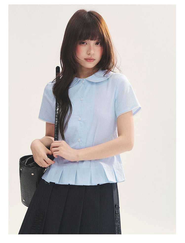 "Citrus Sea Salt" Stripe Lace Peter Pan Collar Pleated Shirt (White Blue / Blue White)