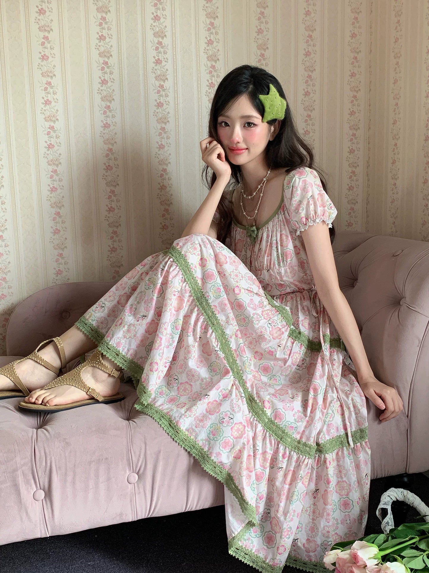 “Wildflower Green Grape” Pink Floral Tiered Dress