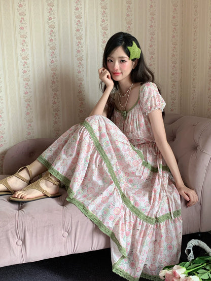 “Wildflower Green Grape” Pink Floral Tiered Dress