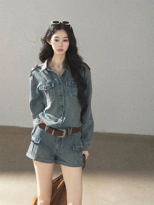 AOMALM - "Borrowed Sunshine" Vintage Blue Denim Commuter Set (Top + Shorts with Belt)