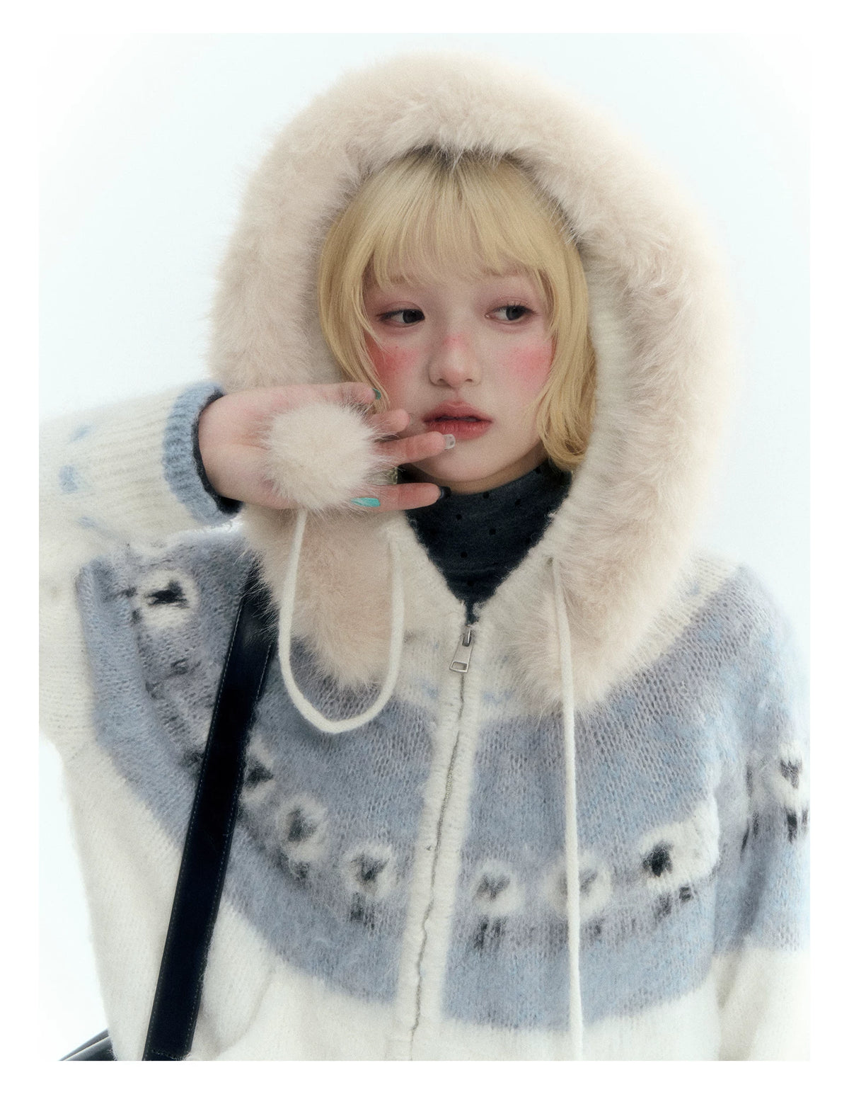 Horridale - Ice Blue White Sheep Jacquard Hooded Knit Cardigan