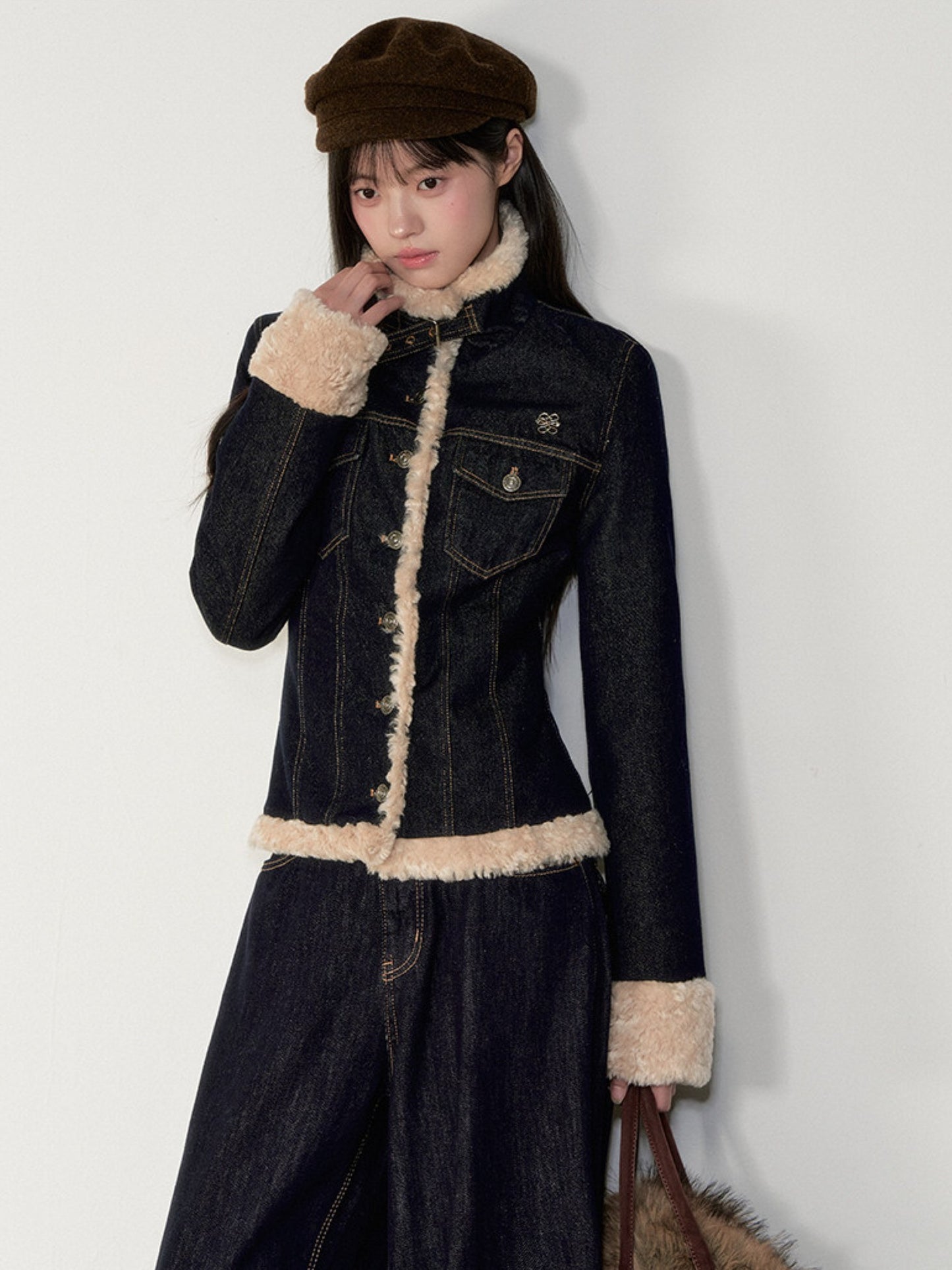 Soote Season - "Raw Denim Muse" Cinched Waist Fur-Trim Denim Down Jacket