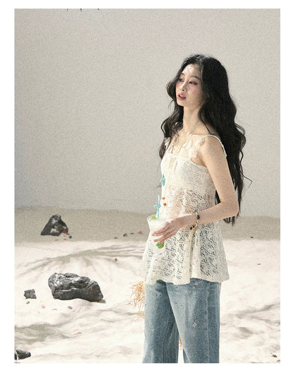 "Morning Mist" Frost White Lace Sheer Cami Top 65123