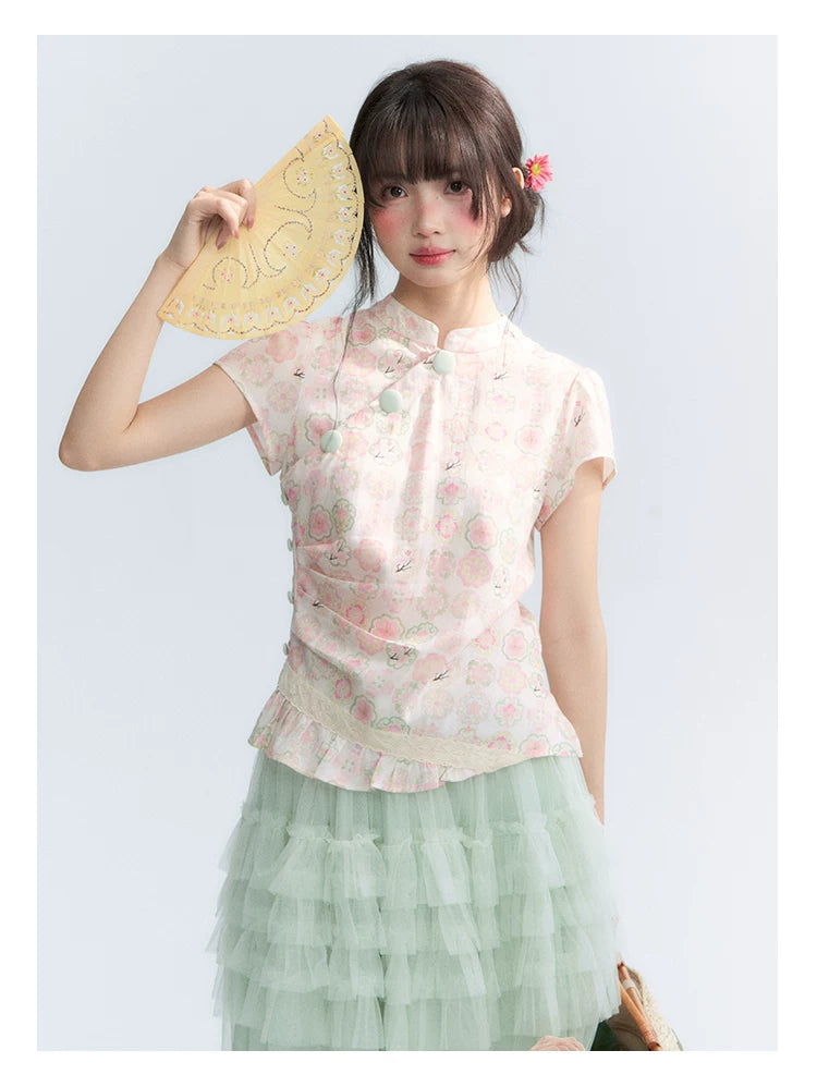 "Lime Mille-Feuille Glow" Peach Mist Chinese-Inspired Short Sleeve Top & Lime Green Tulle Tiered Skirt Set