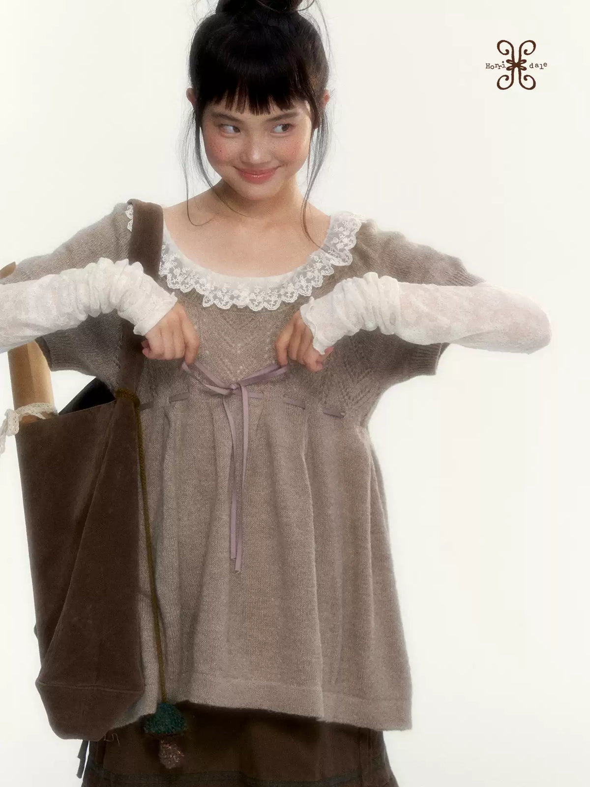 “Everyday Mist” Jacquard Lace Layering Top ( Ivory / Fog Gray )