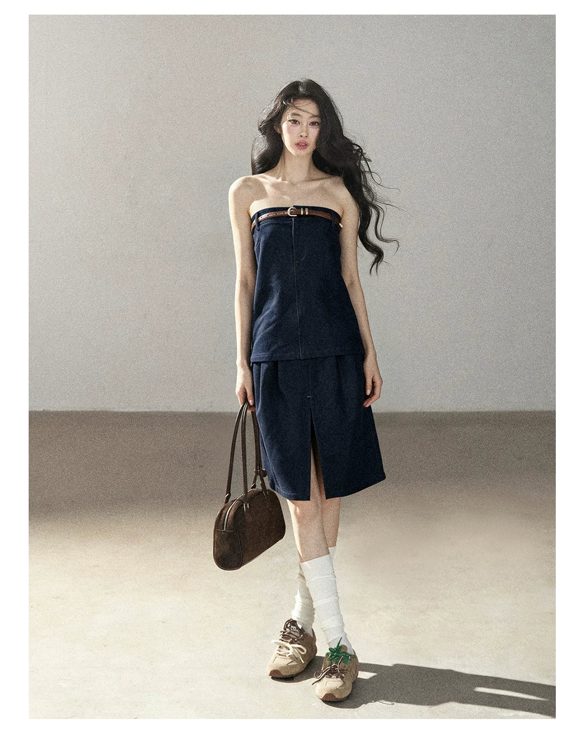AOMALM - "Bluebell in Suspension" Navy Blue Korean Denim-Inspired 2-Piece Skirt Set