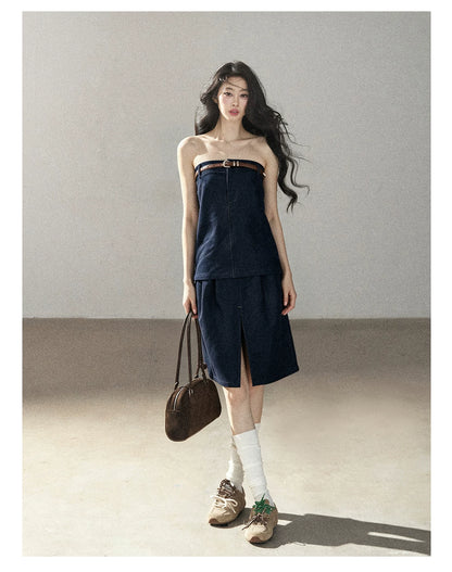 AOMALM - "Bluebell in Suspension" Navy Blue Korean Denim-Inspired 2-Piece Skirt Set
