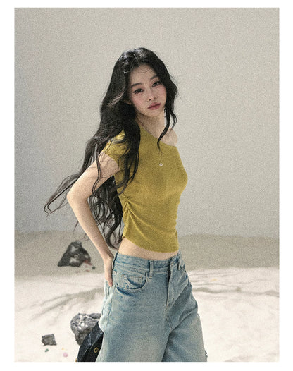 "Shape of the Wind" Forest Green One-Shoulder Twist Crop Top 6556585