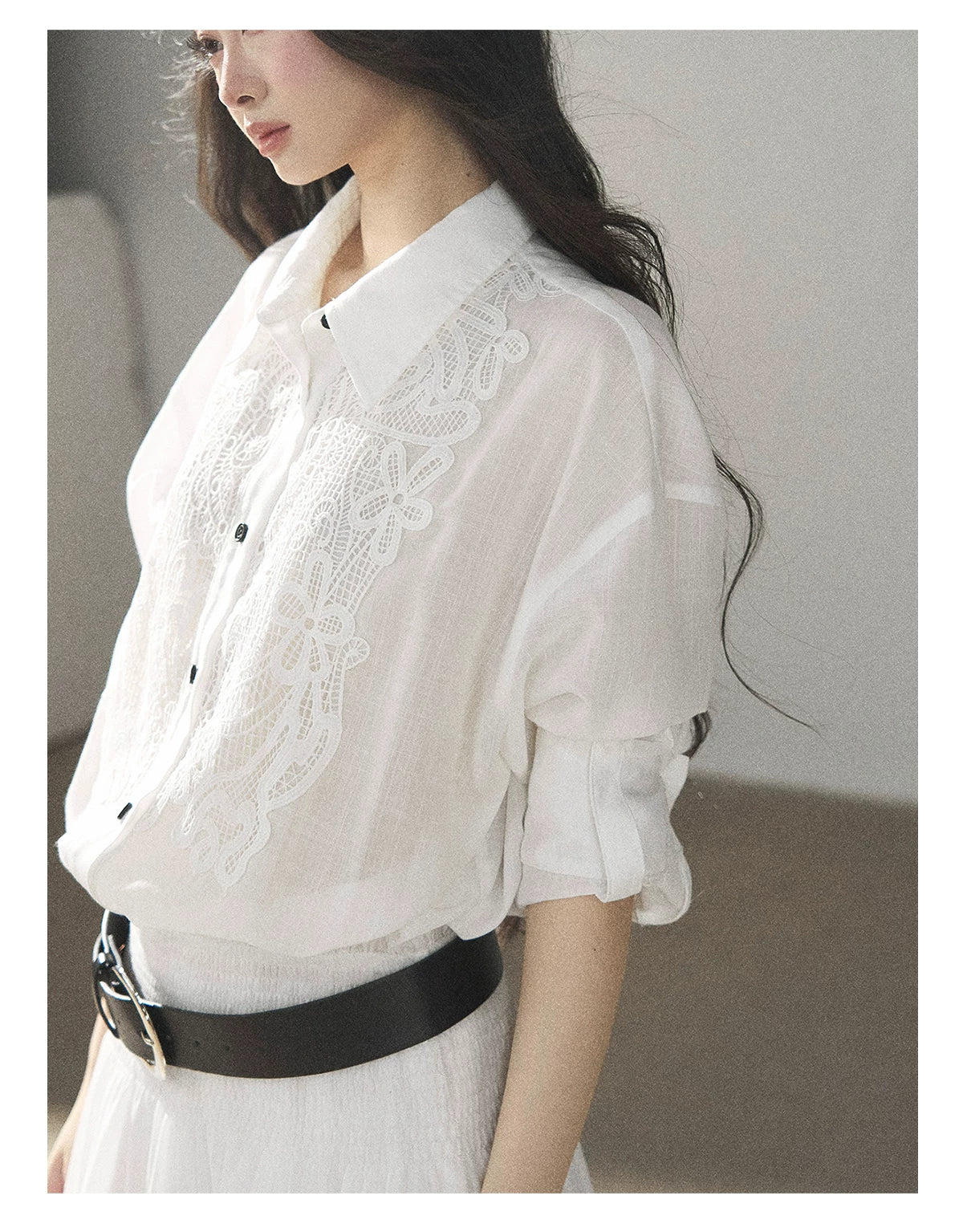 AOMALM - “Her Hemline” White Lace Shirt Dress with Belt