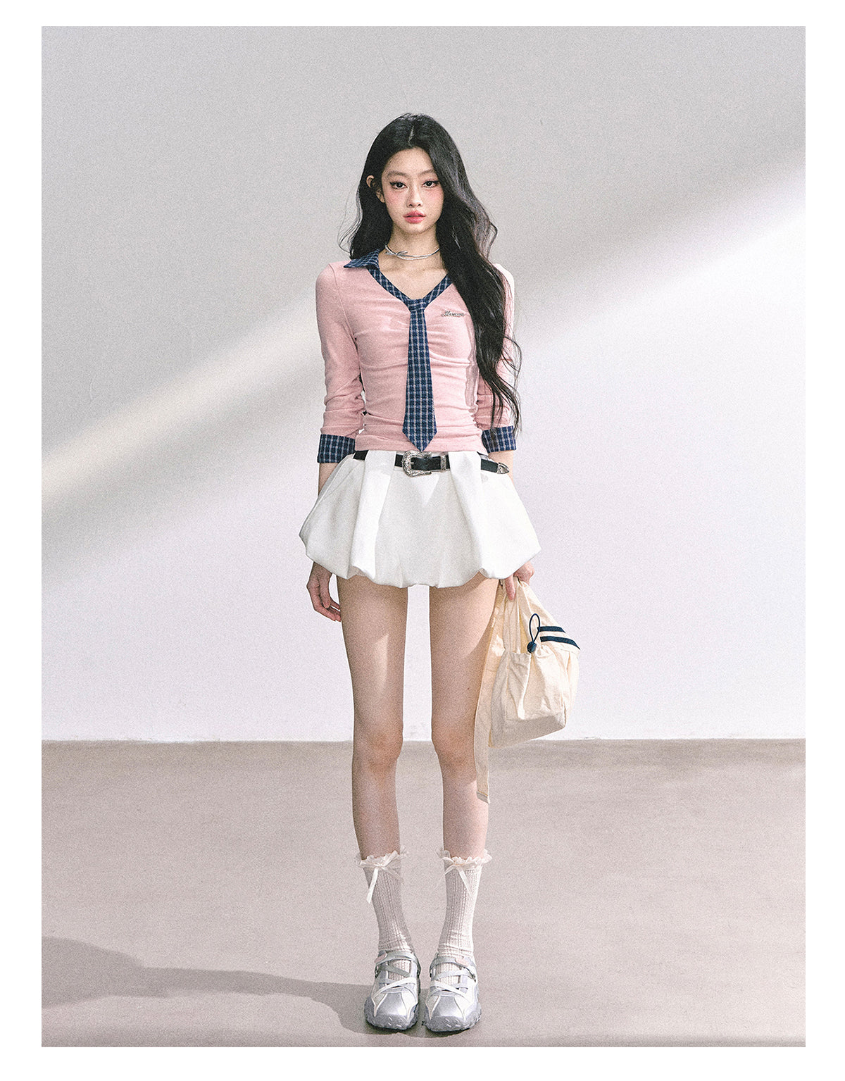少也眼 "Han Gao Rolecard" Dual-Layer Illusion V-Neck Plaid Waist-Slimming Tee - Pink