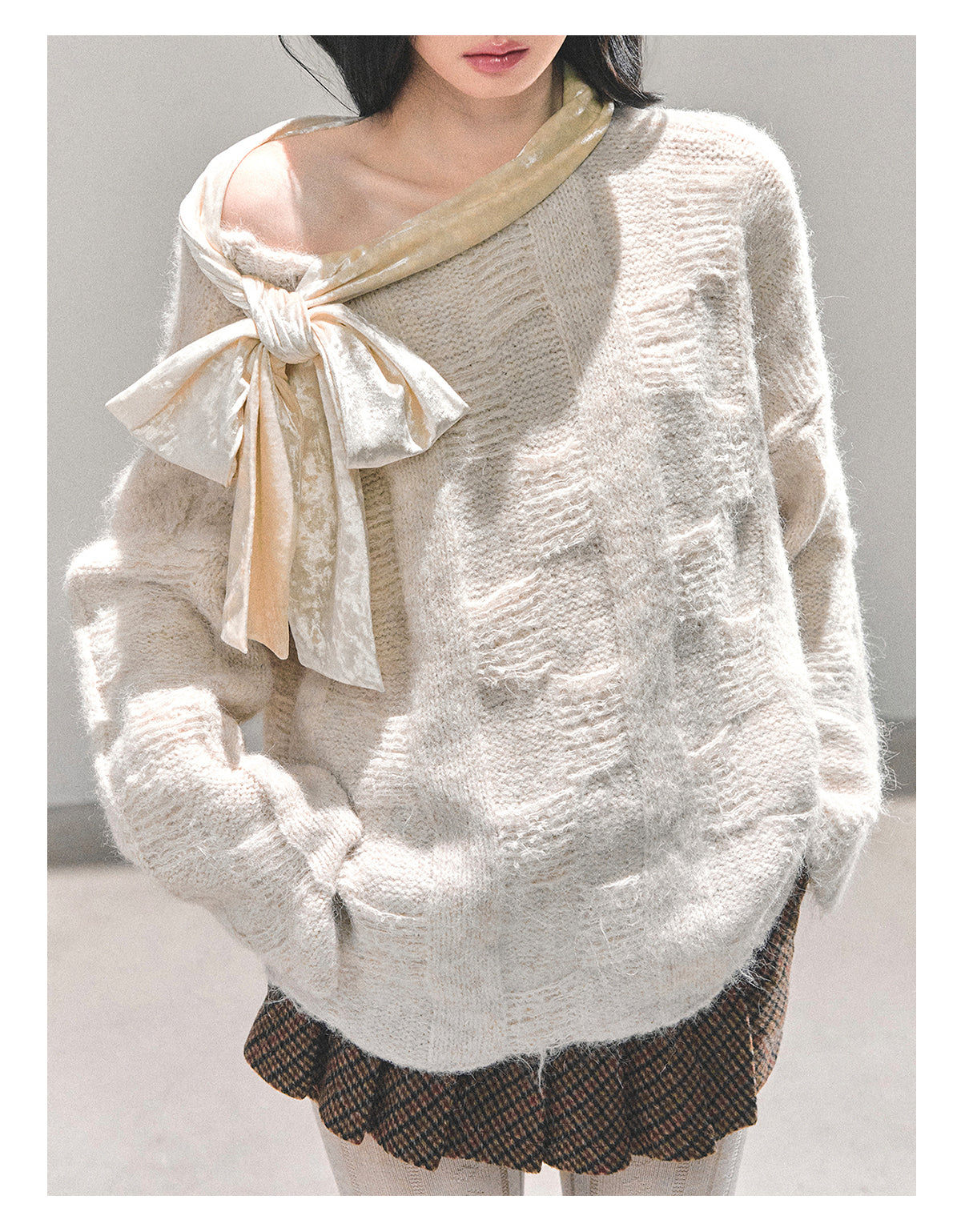 少也眼 "She Walks Through Morning" Bow-Knit Off-Shoulder Sweater - Almond Beige 58634584