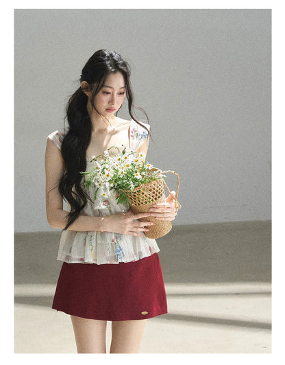 "The Unlit Spirit" High-Waisted A-Line Skort (Angora Red/ Tranquil Black)