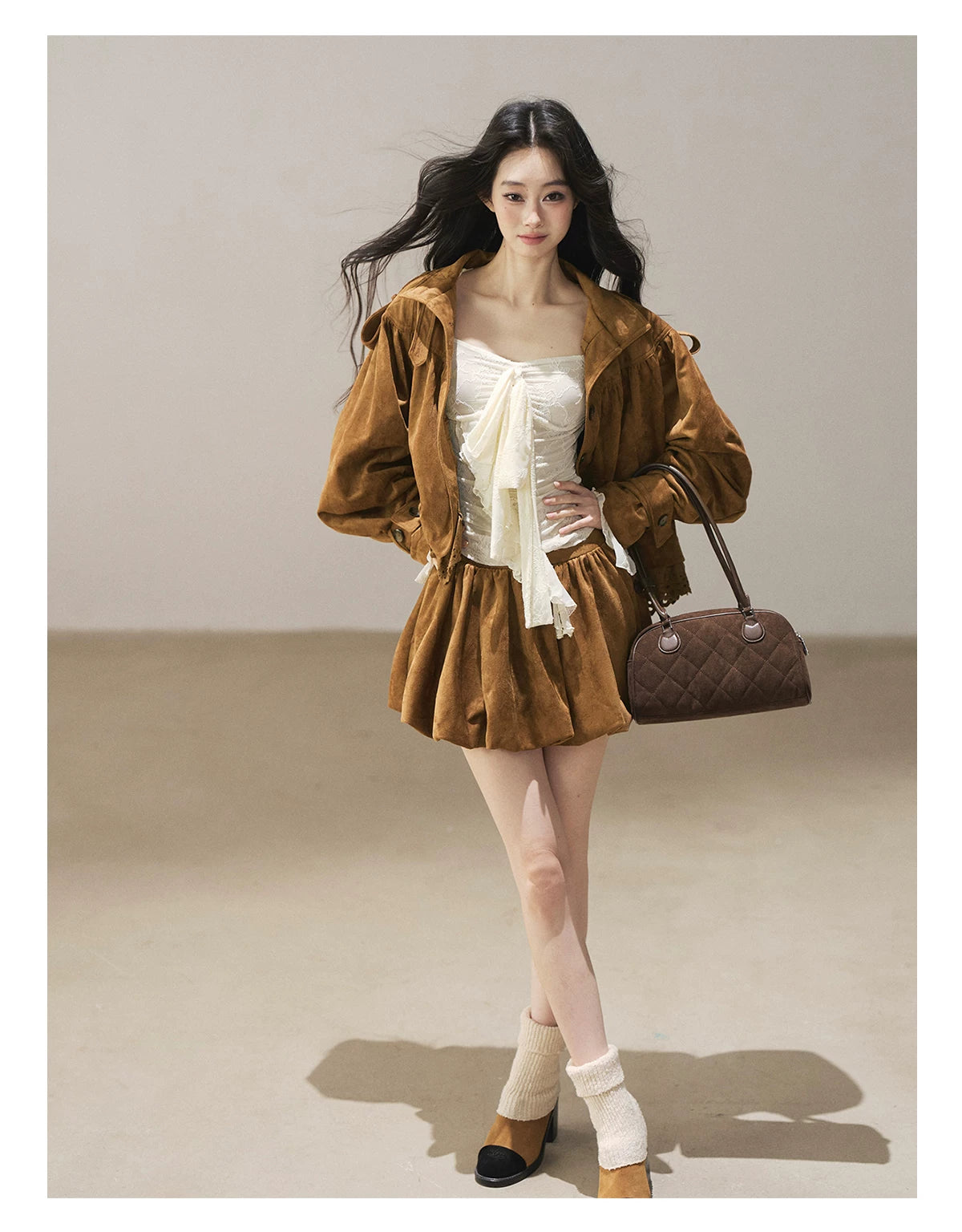 AOMALM - "Wind Through the Valley" Toasted Pecan Brown Faux Suede Jacket & Mini Skirt Set