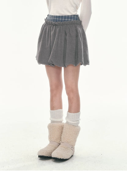 [CAN] Plaid Bubble Hem Mini Skirt with Ruched Detail