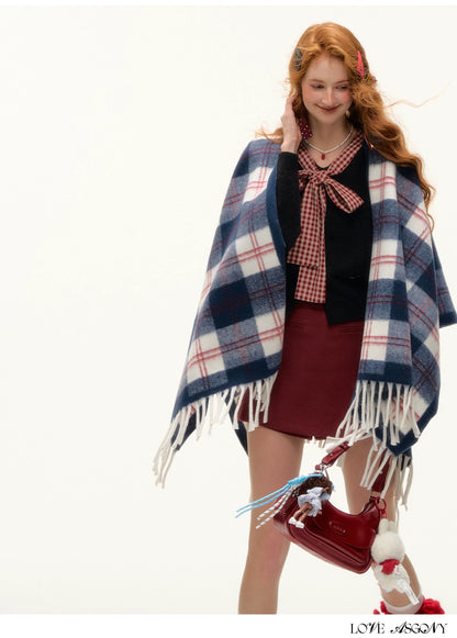 ASGONY - Navy Plaid Fringe Wrap Scarf