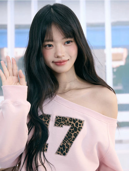 "Pink Panther Mood" Blush Pink Leopard Patch One-Shoulder Sweatshirt