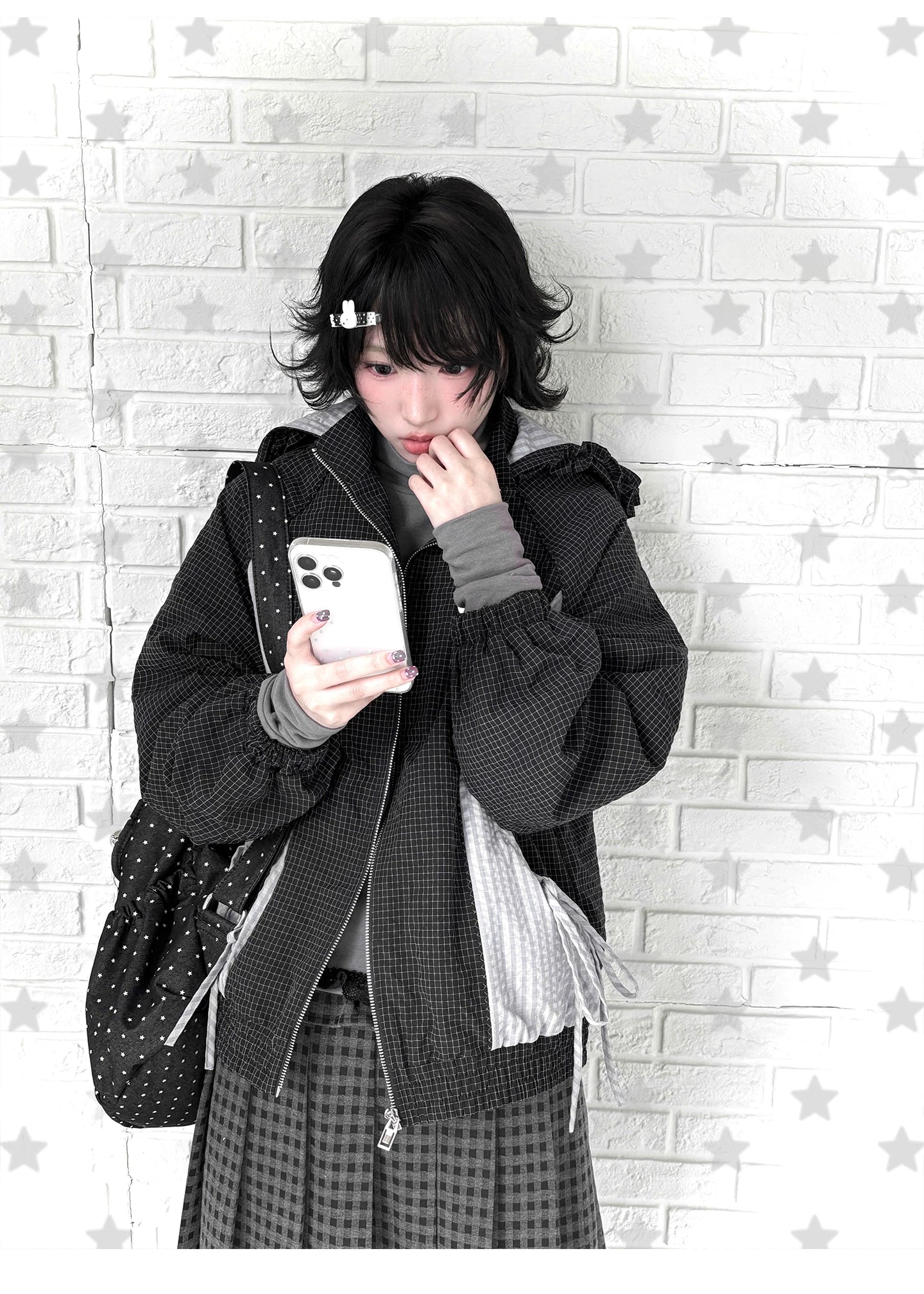 "Cold Air" Black Padded Jacket / Base Layer Top / Polka Dots Skirt / Sweatpants Set