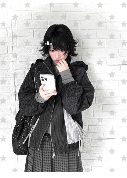 "Cold Air" Black Padded Jacket / Base Layer Top / Polka Dots Skirt / Sweatpants Set
