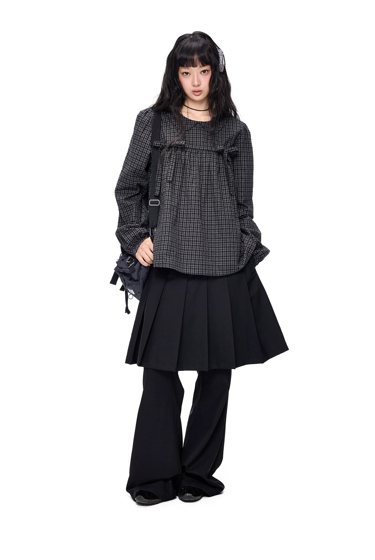 EZEK | Peter Pan Collar Gingham Shirt with Bubble Sleeves