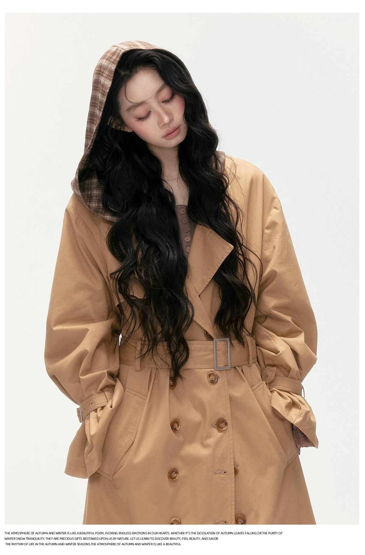 24olvides - Brown Long Padded Trench Coat with Plaid Hood