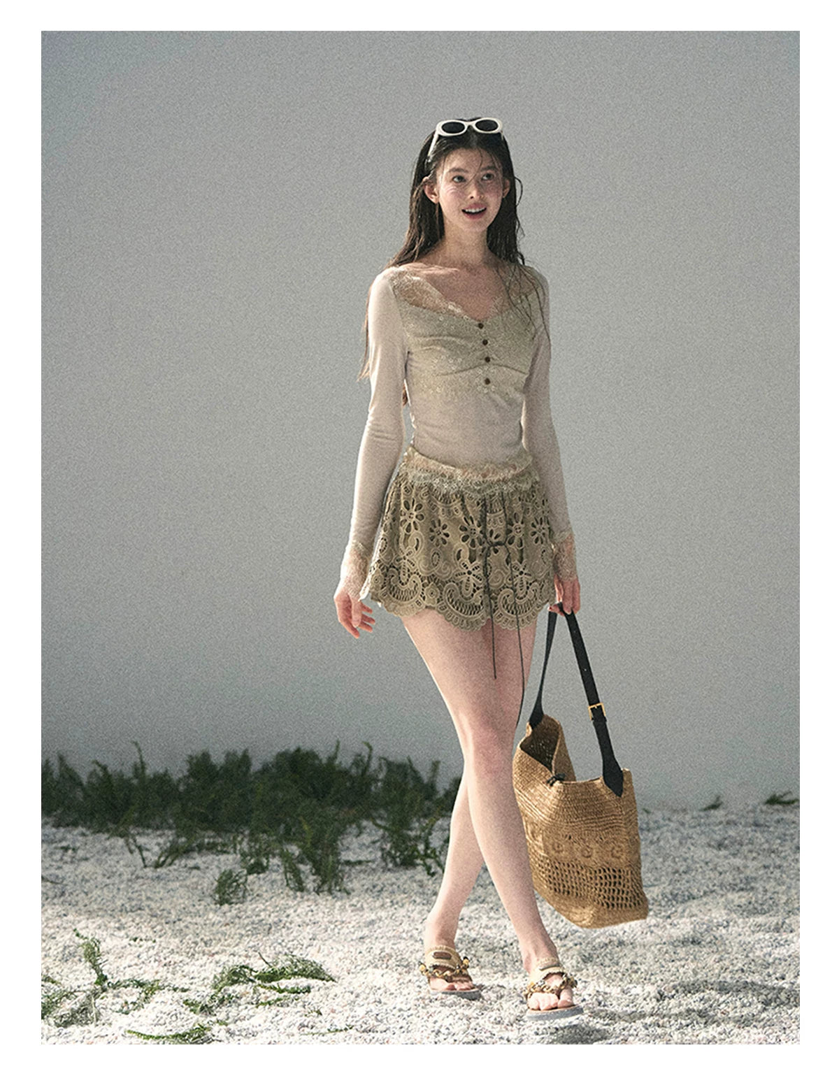 “Traces Left by the Wind” Ash Ivory Lace V-Neck Top
