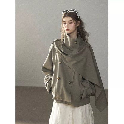Gray Funnel-Neck Double-Breasted Short Trench Coat