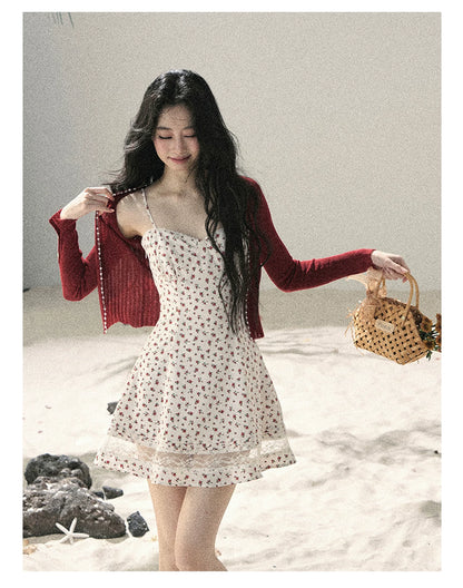 "Blooming Rose Reverie" Cloud White Floral Lace Mini Dress & Burgundy Wine Cardigan 56483